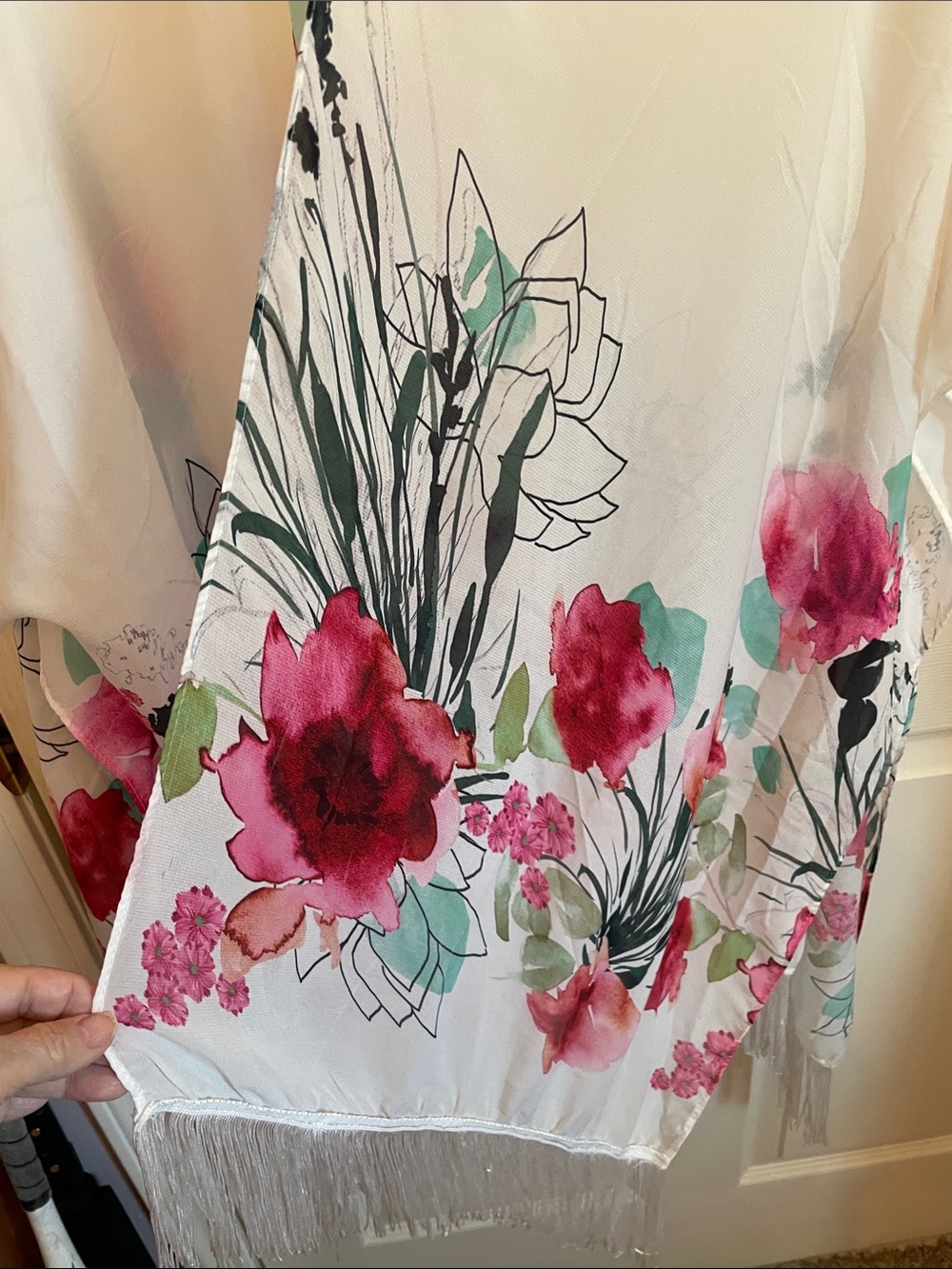 Say What? Sheer White Floral Kimono Wrap with Pink and Green Accents - Picture 4 of 10